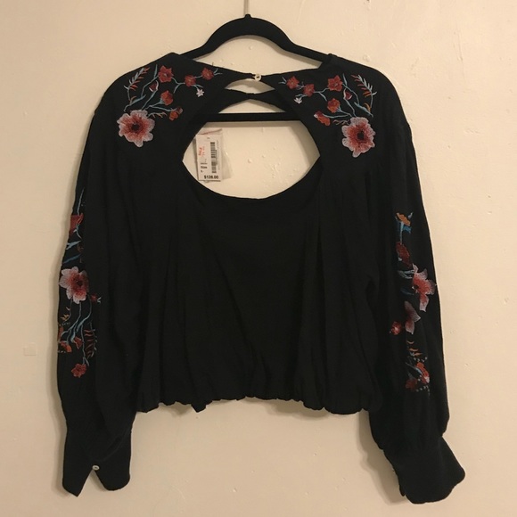 Free People Blouse S Black Floral Embroidery - Picture 6 of 7